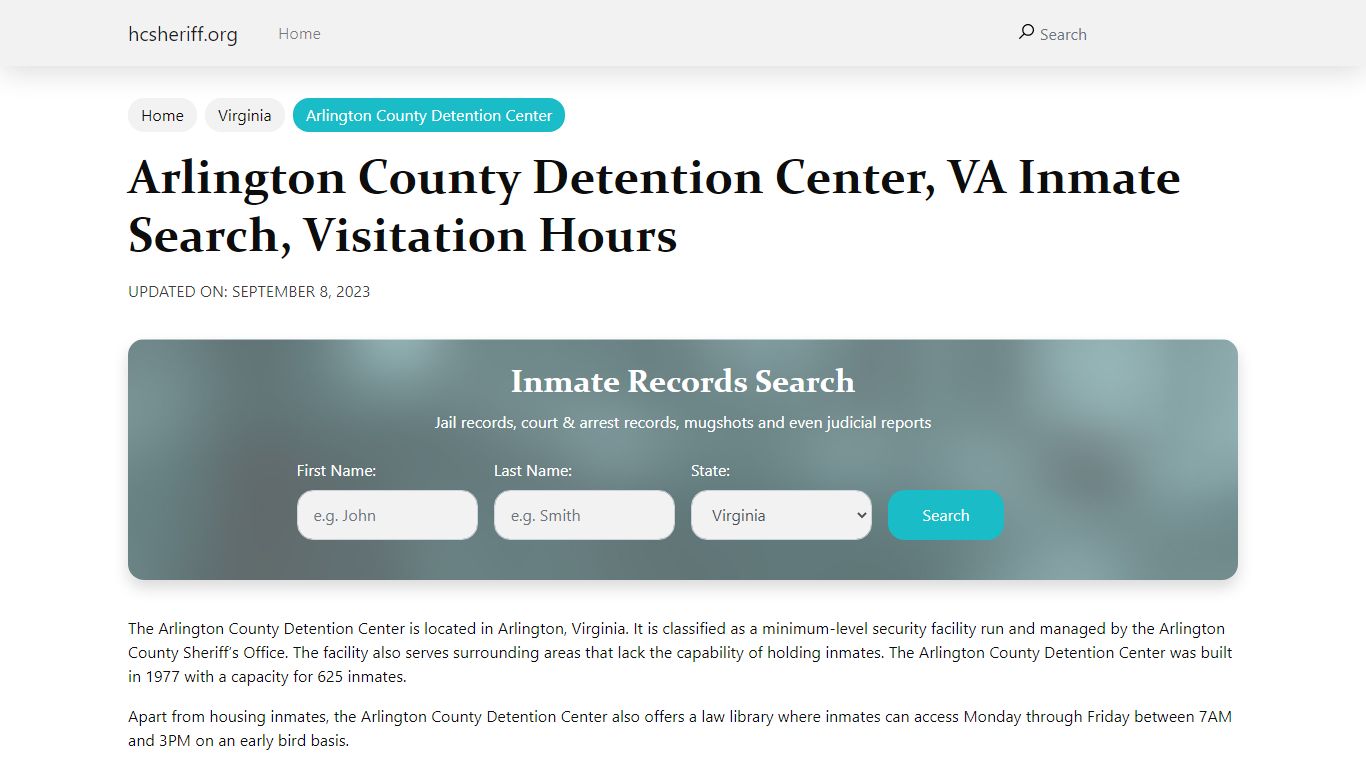 Arlington County Detention Center, VA Inmate Search, Visitation Hours